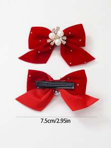 5pcs/Set Girls Velvet Butterfly Clips With Pearl Flower Decor, Red Fabric Hair Clips, Barrettes, Side Clips, Bangs Clips, Rhinestone Hair Accessories, Suitable For Valentine's Day, Christmas, Daily Use - Red - View 6