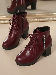 2025 New Women's Boots High Heel Thick Sole Waterproof Platform Ankle Boots, Chunky Heel, British Style, Wine Red, Autumn/Winter