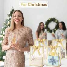 1/4/12 túi quà trong suốt có ruy băng, thích hợp cho tiệc mừng em bé chào đời, lễ tốt nghiệp, đám cưới, tiệc cô dâu, sinh nhật, tiệc tùng, kinh doanh, Kích thước: 7x10x3.15 inch (Giấy nhũ vàng) - Nhiều màu-Vàng - Xem 6