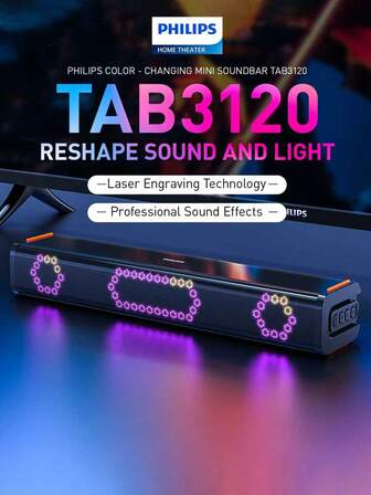 PHILIPS Philips Mini Soundbar Speaker TAB3120,RGB Lighting Effects, Compatible With TV,PC, Laptop, Tablet, Phones,Bluetooth 5.3 Stable Connection, 3.5mm AUX Interface,High Sound Quality,3600mAh Large Battery,Horizontal Vertical Placement, For Gaming, Music, Movies,Gift