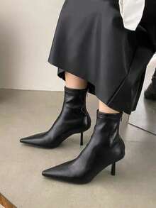2025 新款法式尖头细跟修身踝靴，简约设计，通勤，秋冬，秋季，女士，性感，小猫跟鞋