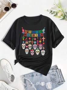 Camiseta de Cuello Redondo Impresa del Día de los Muertos, Estilo del Día de los Muertos Mexicano, Impresión de Calavera Colorida, Top Casual de Manga Corta para Mujeres de Primavera Verano, Camiseta para Damas, Lavable a Máquina - Negro - Ver 3