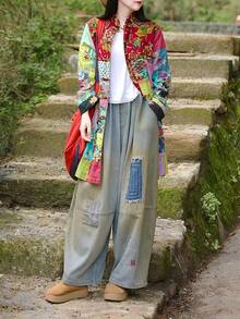 LUZU JUNU Women's Trench Coat Floral Print Long Cotton Linen Jacke Cottagecore Clothing Patchwork Outwear Bohemian Unique - 綠夾克 - 查看 7