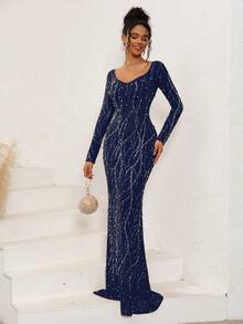 藏蓝色水晶装饰长裙 - 长袖，深V领，全身水晶装饰，修身鱼尾廓形 | 优雅正式礼服，适合晚宴、舞会和特殊场合 - 藏蓝色 - 查看 2