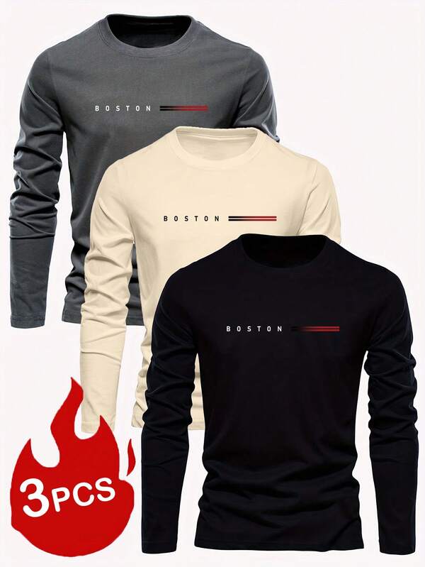 Set de 3 camisetas de manga larga con cuello redondo y estampado casual para niños, ropa de otoño para estudiantes y jóvenes