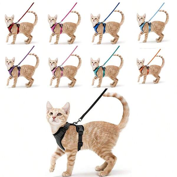 Un ensemble de harnais et de laisse pour lapin et chat pour la promenade, harnais de gilet ajustable doux et à l'épreuve des fuites pour chats et petits animaux, veste de contrôle facile avec bandes réfléchissantes respirantes, noir et 9 couleurs
