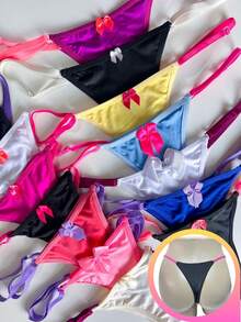 Kit de 3 peças de tanga de feminino sexy com detalhes em laço, para uso diário, com regulador na lateral fina