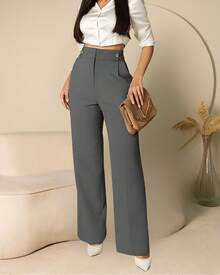 Women's Pants/Tailored Pants/Basic Pants/Elegant Pants/Skinny Pants/Pocket Zipper Button - Xám đậm - Xem 3