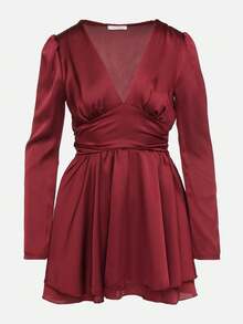 Satin Mini Dress With Deep Neckline And Tie Back - Burgundy - View 6