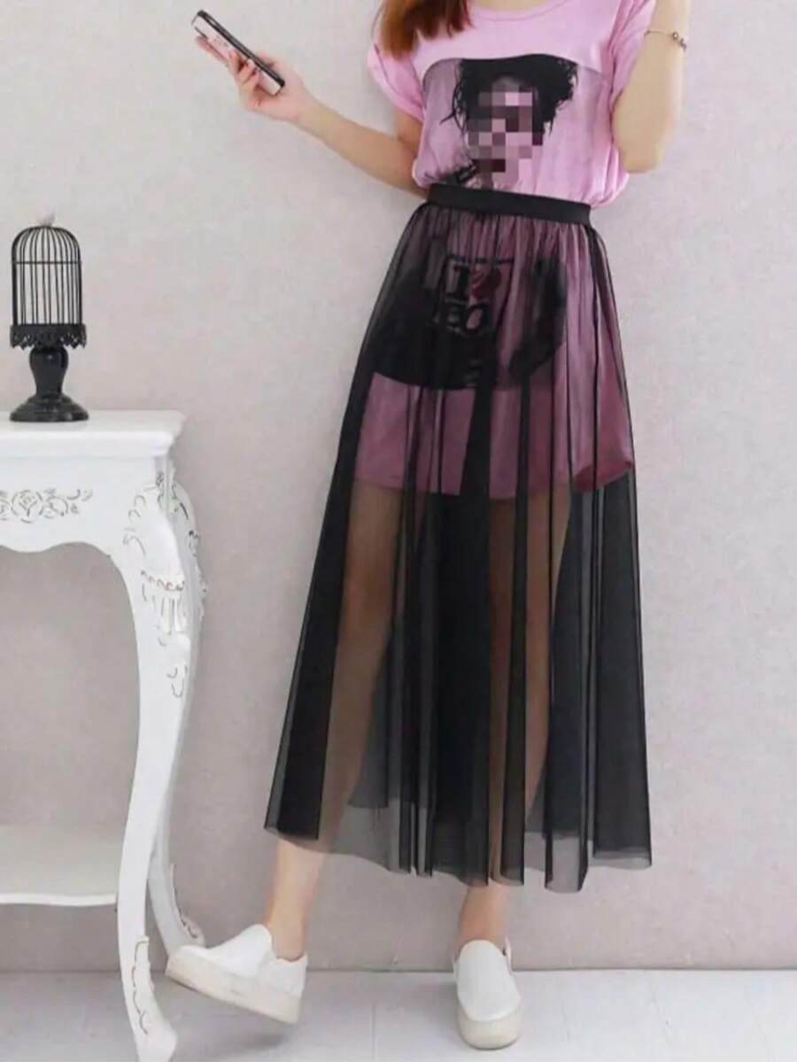 1pc Women's Elegant Single-Layer A-Line Mesh Skirt, Lightweight & Luxurious Casual Style