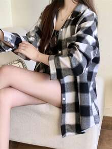 拉绒格子衬衫，新款时尚宽松复古中长款上衣，长袖夹克 - 黑色 - 查看 4