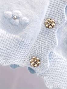 Plus Size Women's Knitted Long-Sleeved Knitted Cardigan With Fan-Shaped Hem And Pearl Button Decoration, Simple And Fashionable Versatile Casual Style, Suitable For Daily Commuting In Autumn And Winter. Cute Sweater - Baby Blue - View 3