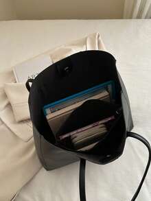 2pcs Women Black Quilted Lining Shoulder Tote Bag, Fashion Large Capacity Combination Handbag With Snap Closure, Casual Street Style For Daily Commute - Black - View 3