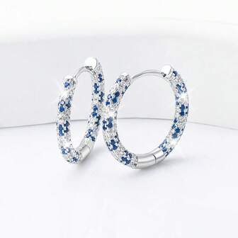 925 纯银优雅蓝色锆石圆形耳环，适合女士日常、休闲、派对、节日、礼物