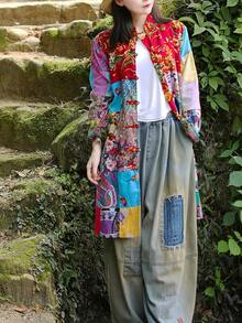 LUZU JUNU Women's Trench Coat Floral Print Long Cotton Linen Jacke Cottagecore Clothing Patchwork Outwear Bohemian Unique - 復古灰色夾克 - 查看 6