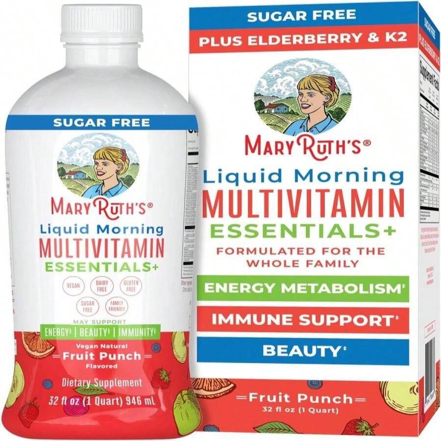 MaryRuth Organics Liquid Morning Multivitamin Essentials+ | Vitamin A C D E B6 B12 Biotin Zinc, Mens Womens Multivitamin, Immune Support, Beauty | Sugar Free | Vitamins For Ages 1+ | Vegan | 32 Fl Oz - Flavor NameA - 查看 1