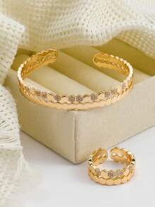 2 件套奢华蜂巢锆石开口戒指和手链套装，适合女性节日佩戴 - 金黃色 - 查看 4