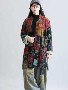 LUZU JUNU Women's Trench Coat Floral Print Long Cotton Linen Jacke Cottagecore Clothing Patchwork Outwear Bohemian Unique - 復古灰色夾克毛絨襯裡 - 查看 2