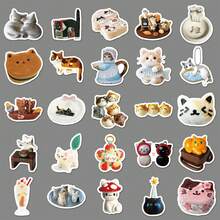 1 Pack Of 50 Kitten INS Wind Stickers Cute Creative Animal Waterproof Hand Account Material Computer Teacup Small Mochi Stickers Halloween School Season Label Process Stickers