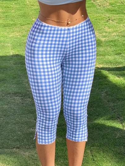 Womens Gingham Capri Pants High Waisted Skinny Fit Lace Cuffs Plaid Short Pants Summer Capris Leggings