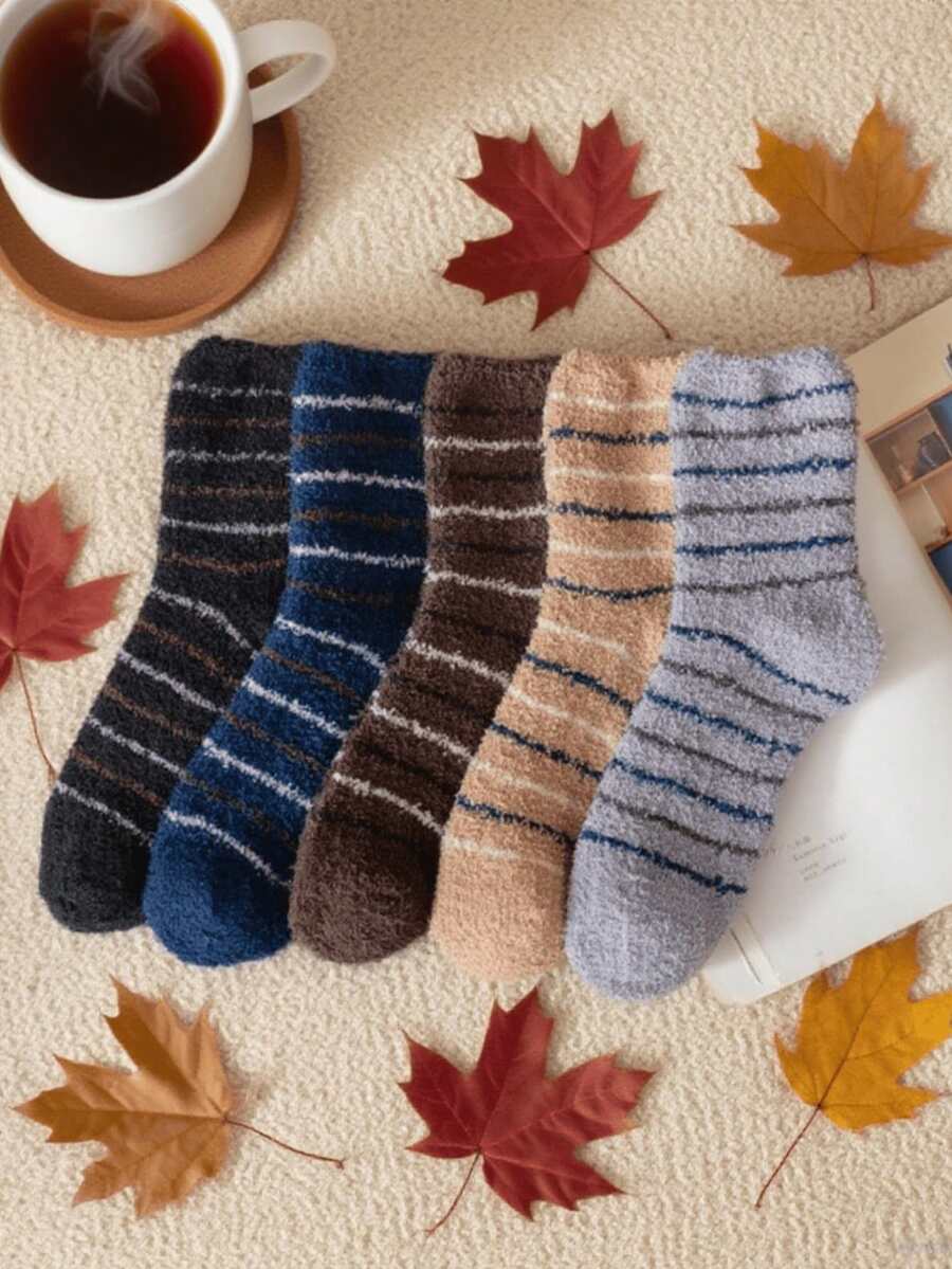 5 Pairs Of Men's Coral Fleece Socks. Thick Warm Socks In Autumn And Winter. Soft Knit Fabric. Unique And Stylish Casual Socks. A Great Gift For Couples, Friends
