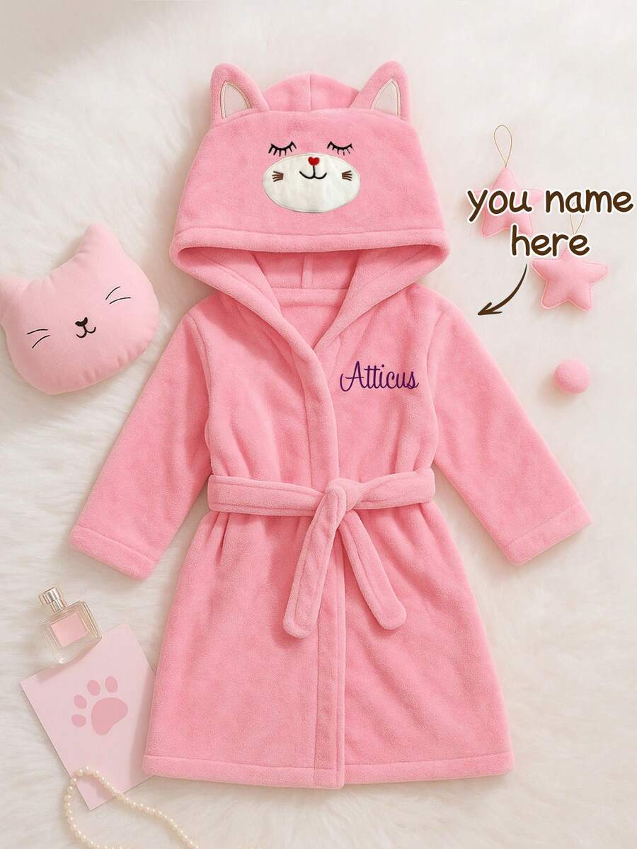 Personalized Baby Gift | Customizable Name Animal Hooded Bathrobe | Comfortable Infant Bathrobe, Suitable For Newborns, Baby Showers And Christmas (12-24 Months), Plush Terry - Pale Pink Kitten - View 1