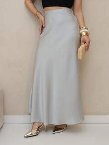 Simple Plain Satin Long Skirt For Daily Use And Elegant With Zipper Beachwear - 白色 - 查看 2
