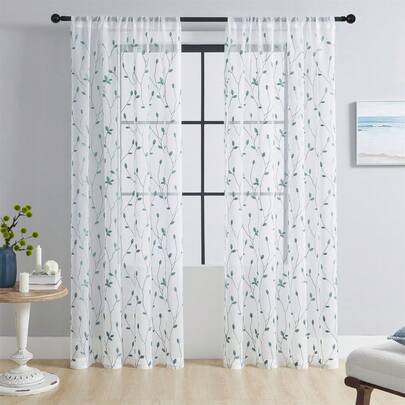 2 paneles de cortinas semitransparentes con patrón de hojas bordadas, cortinas de voile semitransparentes con diseño floral para dormitorio y sala de estar