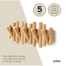 Modern Natural Wood Wall Mounted Coat Rack,  5 Hooks, Scandinavian Style Storage Organizer, Linear Design, Can Be Installed Without Drilling Holes - Ginger - View 3