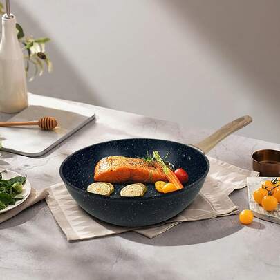 ABKOK 1Pc 11inch Deep Frying Pan,Nonstick Granite Wok With Wooden Handle, Home Kitchen Cookware,Suitable For All Stove Tops,Black