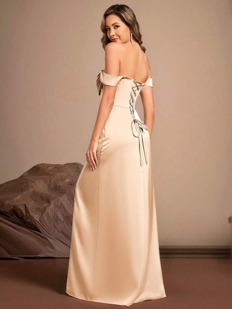 Robe de soirée élégante et charmante couleur champagne, convenant pour les bals, les galas, les cérémonies de remise de diplômes et autres occasions, robe pour femme - Champagne - Voir 3