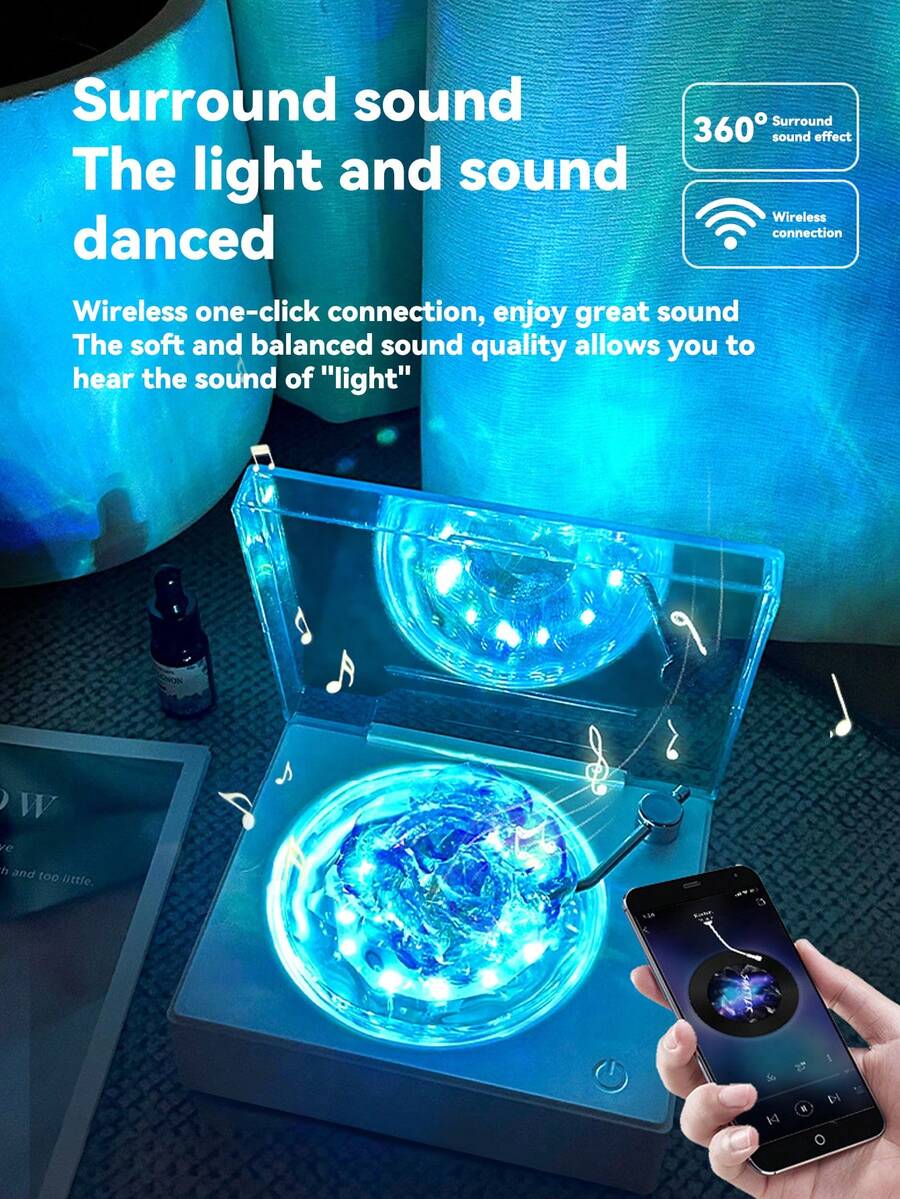 三合一蓝海白噪音蓝牙音箱，唱片造型扩散器创意氛围灯，高品质音频，星空投影灯，复古无线迷你电脑音箱——送给家人、朋友、男孩女孩的完美礼物 - 白色 - 查看 1