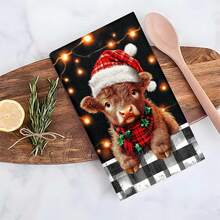 1set/2pcs/100pcs Christmas Cow With Santa Hat And Plaid Scarf Pattern Kitchen Towels And Dishcloths, Suitable For Interior Decoration In Restaurants, Kitchens And Bathrooms, Party Decoration, Festival Gifts, As A Gift - Multicolor - View 10