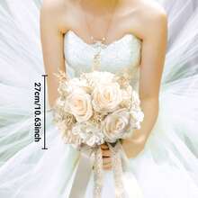 1支手持人造玫瑰花束，白色和香槟色，新娘和伴娘装饰（白色/香槟色，常规尺寸）
