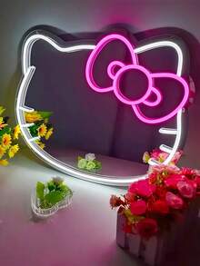 Sanrio 1 pieza Espejo de pared para dormitorio con luz de neón de estilo anime de gato KT, adecuado para tocador, vestidor, sala de estar, pasillo, tira de luz de neón ajustable, decoración para el baño del hogar, luz de neón LED alimentada por USB/batería, decoración de pared para dormitorio rosa, adecuado para habitación, fiesta de San Valentín, cumpleaños, regalo de boda, hogar, decoración navideña, regalo para novia, esposa, amiga, familia, accesorios de baño, temporada de vuelta a clases - Multicolor - Ver 3