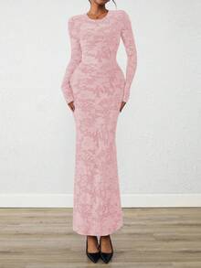 Women Elegant Floral Lace Long Sleeve Bodycon Maxi Dress Spring Fall Autumn Prom Wedding Guest Outfits - 粉色 - 查看 5