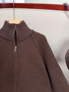 Wixra Korean Loose Knit Cardigan, Stand Collar Raglan Sleeve, Two-Way Zipper Design, Solid Color, Collegiate Style, Essential For Layering In Autumn/Winter - Brown - View 2