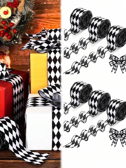 1 卷 - 雪花水牛格子丝带（200 厘米/78.74 英寸）、黑白格子粗麻布丝带、方格丝带、菱形格子有线边缘丝带、圆点丝带（用于 DIY 蝴蝶结、树木装饰、格子粗麻布丝带）、用于包裹工艺品装饰、圣诞秋季树、包裹 DIY 工艺品、情人节装饰