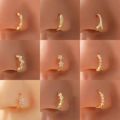 9 件套复古波西米亚风格铜镶嵌合成锆石鼻环和鼻钉，包括花卉、波浪、方形、编织图案，适合日常、度假、性感装饰、派对礼物