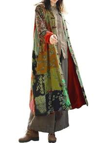 LUZU JUNU Women's Trench Coat Floral Print Long Cotton Linen Jacke Cottagecore Clothing Patchwork Outwear Bohemian Unique - 綠色 - 查看 1