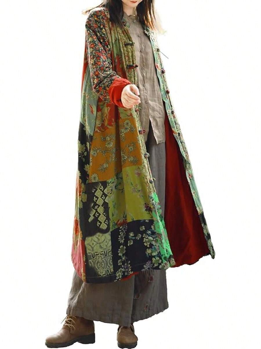 LUZU JUNU Women's Trench Coat Floral Print Long Cotton Linen Jacke Cottagecore Clothing Patchwork Outwear Bohemian Unique - 綠色 - 查看 1