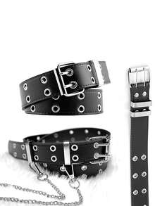 Square Buckle Punk Silver Double - Eyelets Chain - Decor Jeans Belt - Y2K Stylish & Timeless Versatile Essential Summer, School Casual, Business, Boyfriend Husband Father Dad Men Gift, Daily Wear, Fashion, Teen, Outdoor, Vacation, Athletic, Travel, Street, Boho, Vintage Fall, Autumn, Halloween Autumn-Winter Accessories,Suitable For Teens, Youth,Men,Casual, Outdoor, Athletic, Vacation, Graduation Gifts, Birthday, Daily Wear