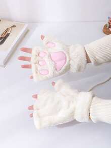 1双装-可爱卡通猫爪漏指手套-秋冬保暖防寒毛绒半指手套-加厚加绒-学生写字漏指 - 彩色 - 查看 1