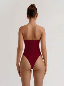 XLLAIS 夏季白色高弹双层布料抹胸连体衣，女士休闲日常简约假日风，圣诞红 - 酒紅色 - 查看 3