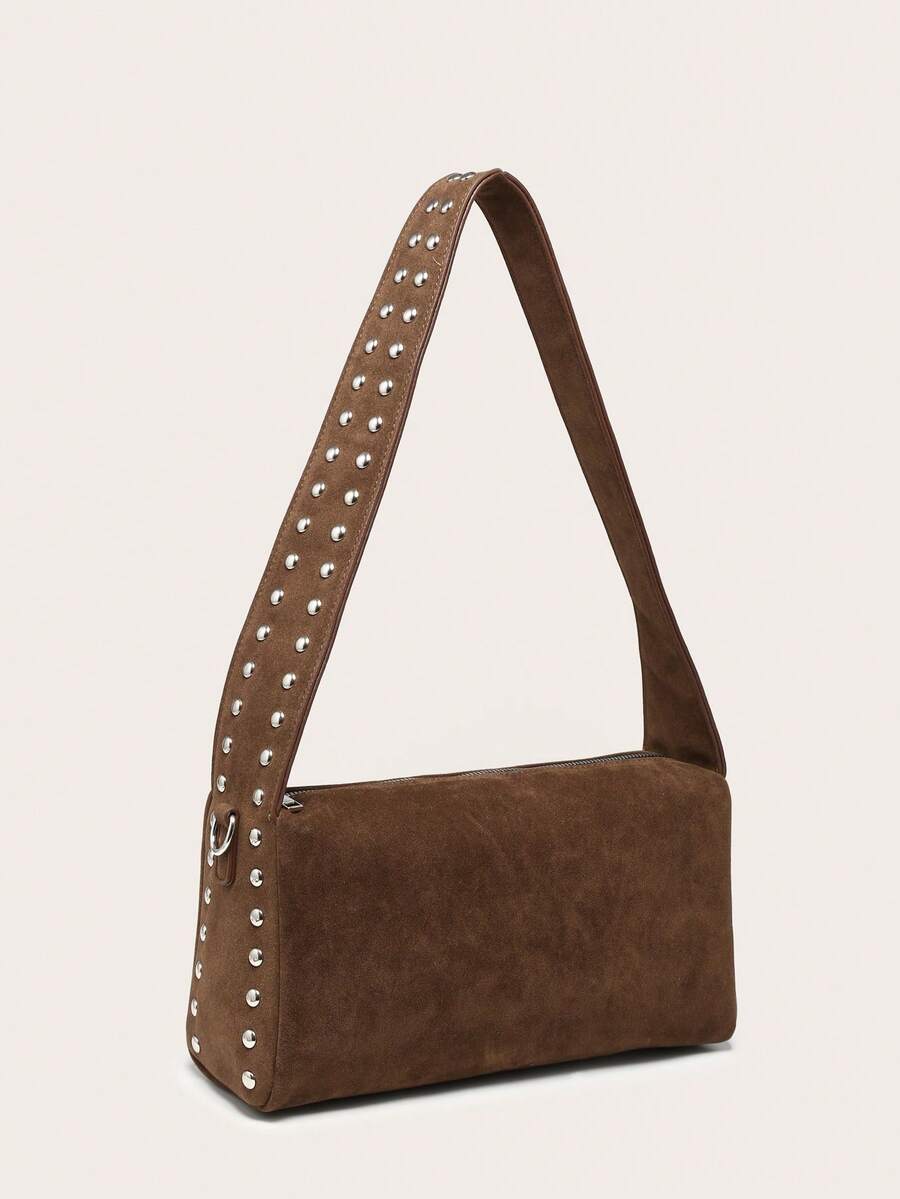 1pc Women's Large Capacity Square Bag, Suede Fabric, Rivet Decor, Wide Strap, Niche Design, Commuter Shoulder/Underarm Bag - Brown - View 1