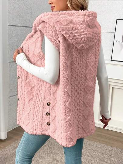 Women's Solid Color Sleeveless Hooded Faux Fur Jacket, Autumn/Winter Pink