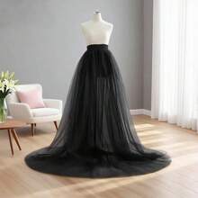 1pc Tulle Skirt, New Arrival European & American Style, Tie-Waist Long Tail Skirt, Black/White/ Red/Purple/Rose Red/Suitable For Prom, Halloween Cosplay Party Costumes, Valentine's Day, Autumn Women's Clothing