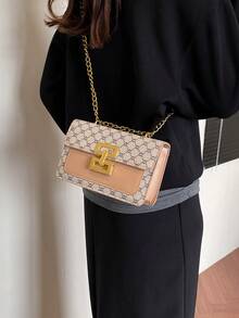 复古花卉图案女士单肩包，配有链条肩带，时尚女士方形翻盖包，经典设计（金色调锁，百搭花卉面料，适合优雅女士） - 卡其色 - 查看 7