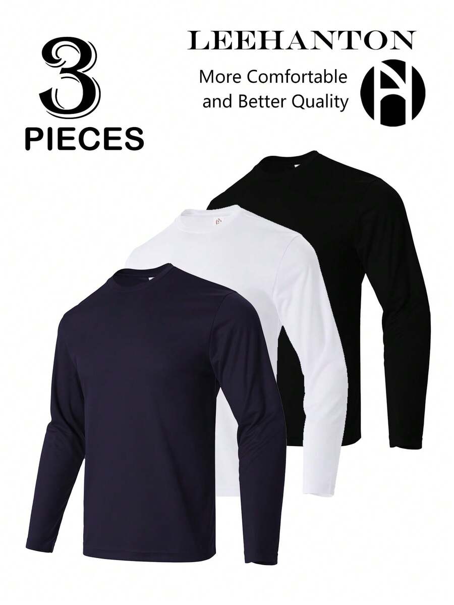 3-Pack Men's Performance Long Sleeve T-Shirt Men's Long-Sleeved T-Shirts, Breathable And Quick-Drying, Suitable For Fitness And Outdoor Leisure, Fishing, Golf, Outdoor Work - 白色+黑色+藏青 - 查看 1