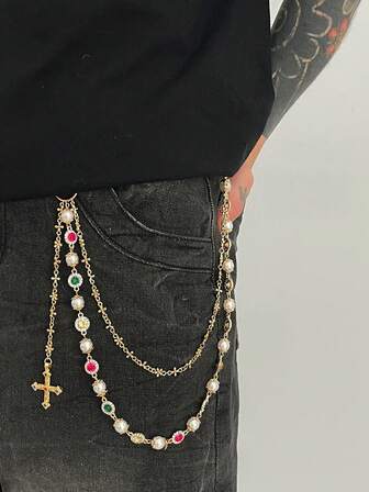 1pc Fashionable Colorful Rhinestone Pants Chain, Men's Hiphop Cross Body Chain, Charming Jewelry, For Pants Decoration, Holiday Gift